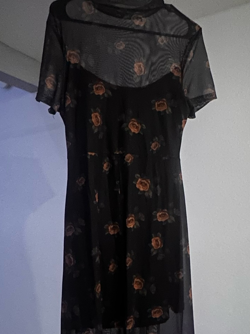 Black Floral Mesh Overlay Dress - Classic Rose Print
